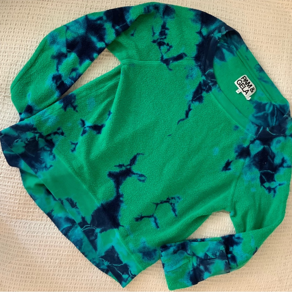 Revolve x Pam & Gela Tie Dye Sherpa Fleece Sweater Sweatshirt Top Green Blue